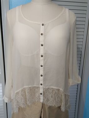 Bar III Cream Sheer Blouse with Lace Hem